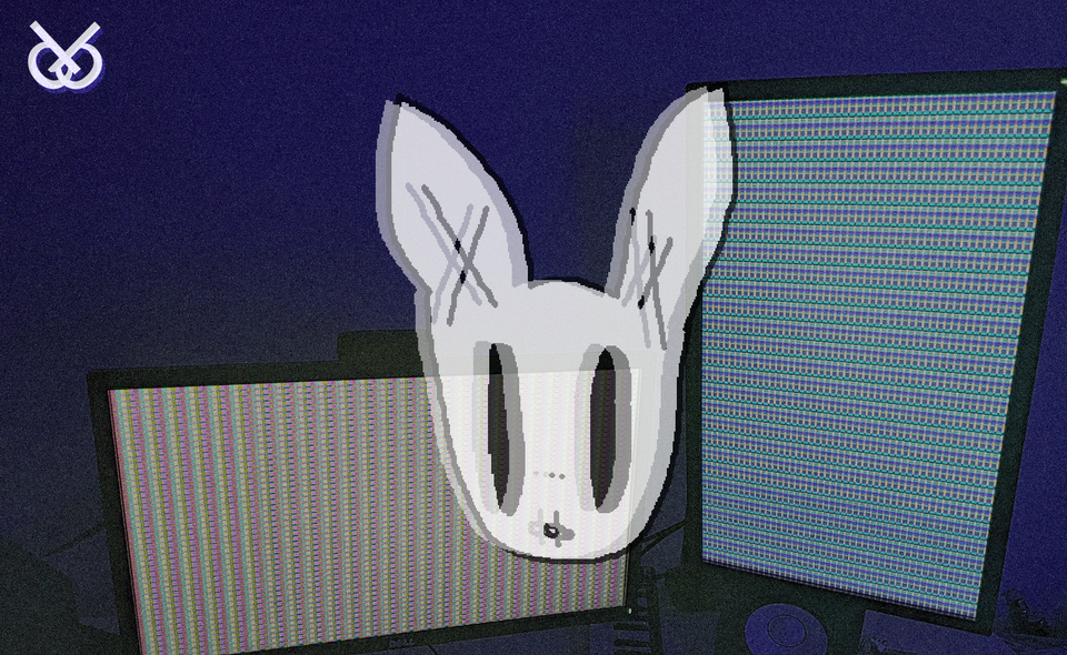 ghost rabbit drawing on top of a photo of two monitors displaying error pattern