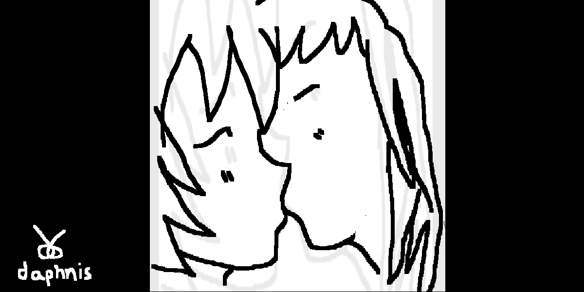 ms paint image of boys kissing,,, daphnis logo in bottom left. b&w